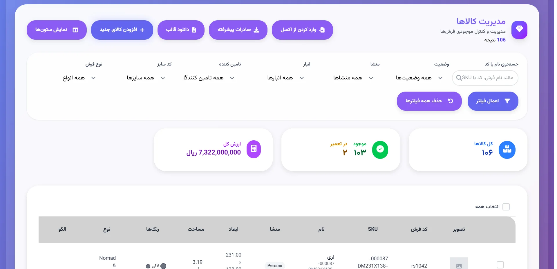 صفحه مدیریت کالاها با هفت فیلتر، سه کارت آمار و جدول محصولات