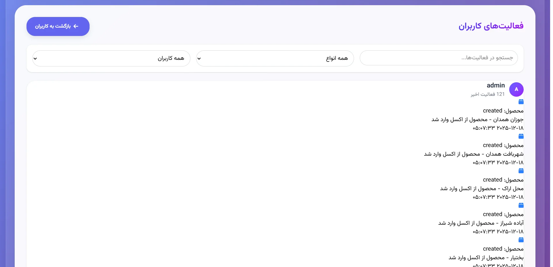 فهرست فعالیت‌های کاربر مدیر با نوع عمل، شرح و زمان